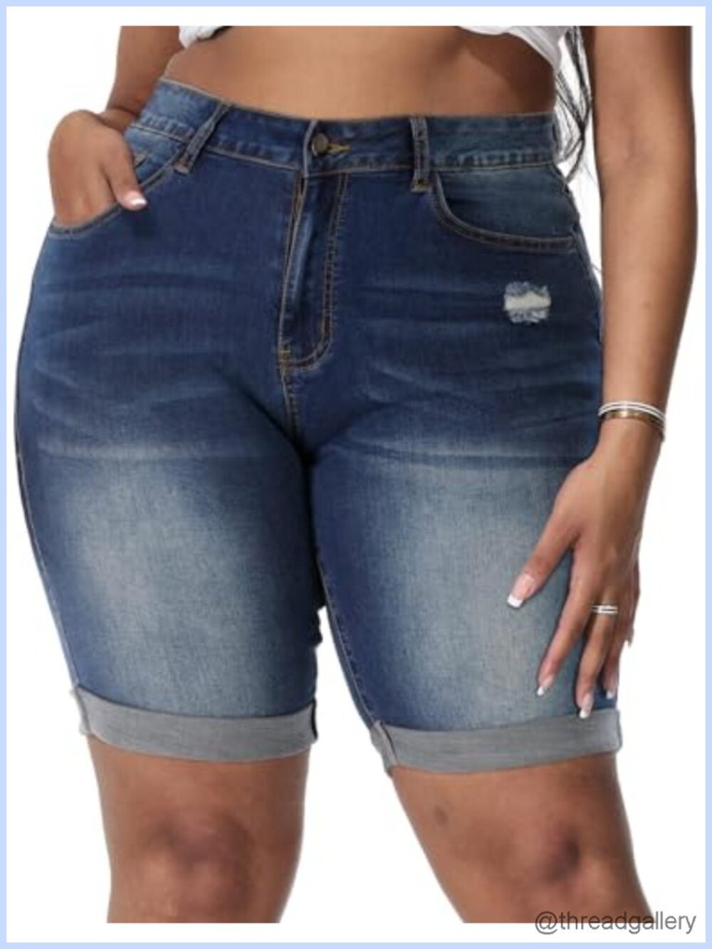 Plus Size High Waisted Stretchy Bermuda Jean Shorts Fold Hem
